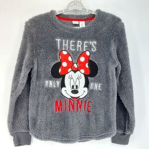 Disney Minnie Mouse Sweater Women’s Sz L Gray Teddy Bear Furry Crewneck Cozycor